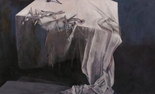 Masoumeh Mozaffari, Table, 2009. Acrylic on Canvas - 180 × 300 cm. — © Courtesy of the Artist.