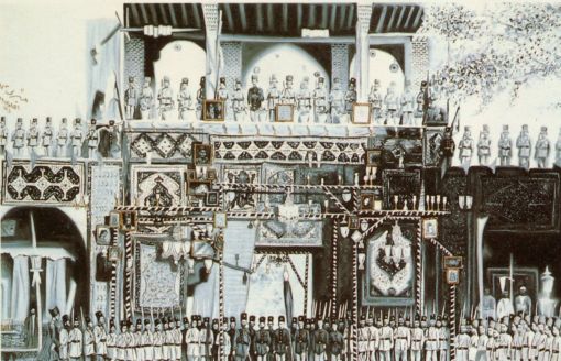 Farhad Moshiri, Jubilee and Feast, 100.150 cm. Reference: Organizing Committee of the Second Iranian Painting Biennial, Center of Visual Art, 1994. — © Organizing Committee of the Second Iranian Painting Biennial, Center of Visual Art, 1994.