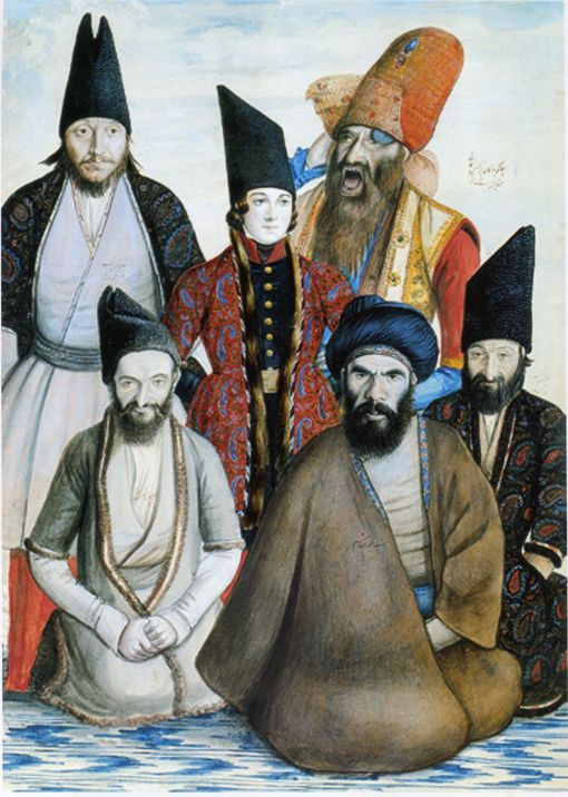 Sani al Mulk, The Goodlooking Prince and His Various Chamberlains, Watercolor on paper. Reference: Yahya Zoka, The Life and Work of Sani al Mulk (Nashr e Daneshgahi Centre: 2003). — © Yahya Zoka, The Life and Work of Sani al Mulk (Nashr e Daneshgahi Centre: 2003).