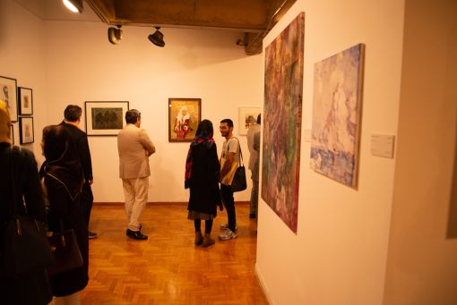 Akbar Khurasani, Zia Forogh Mohammad, Ali Rahimi, and Enayatullah Niazi, Installation view, the opening of Nimrouz Exhibition, 2017 — © Courtesy of Maryam Kouhestani.