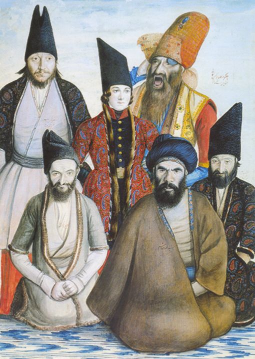 Sani al Mulk, The Goodlooking Prince and His Various Chamberlains, Watercolor on paper. — © Yahya Zoka, The Life and Work of Sani al Mulk (Nashr e Daneshgahi Centre: 2003).