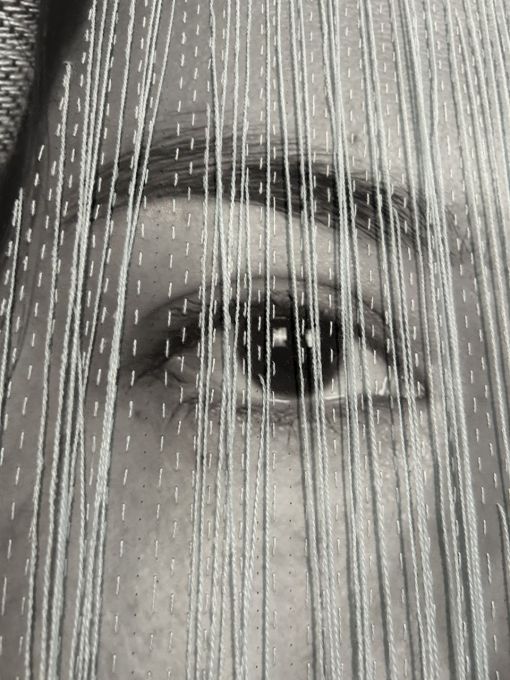 Latifa Zafar Attaii, Self-Portrait, 2024-25. Thread on Digital Print, 130 × 100 cm.  — © Courtesy of the artist.