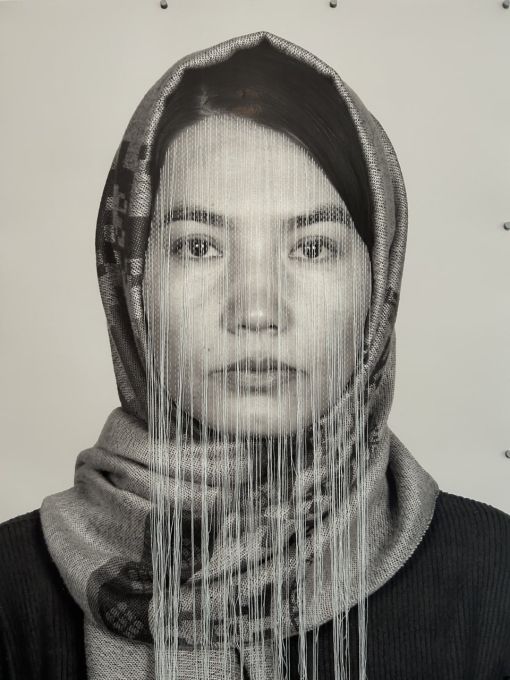 Latifa Zafar Attaii, Self-Portrait, 2024-25. Thread on Digital Print, 130 × 100 cm.  — © Courtesy of the artist.
