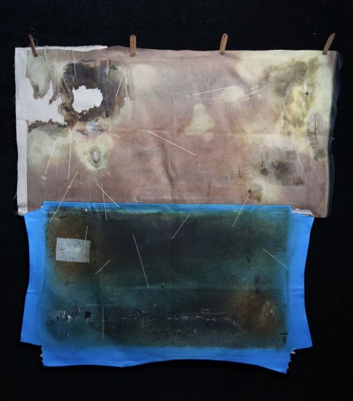 Mahdi Rasouli, Sewing workshop, 2025. Burnt textile and thread,150 × 159 cm. Courtesy of the artist. — © Courtesy of the artist.