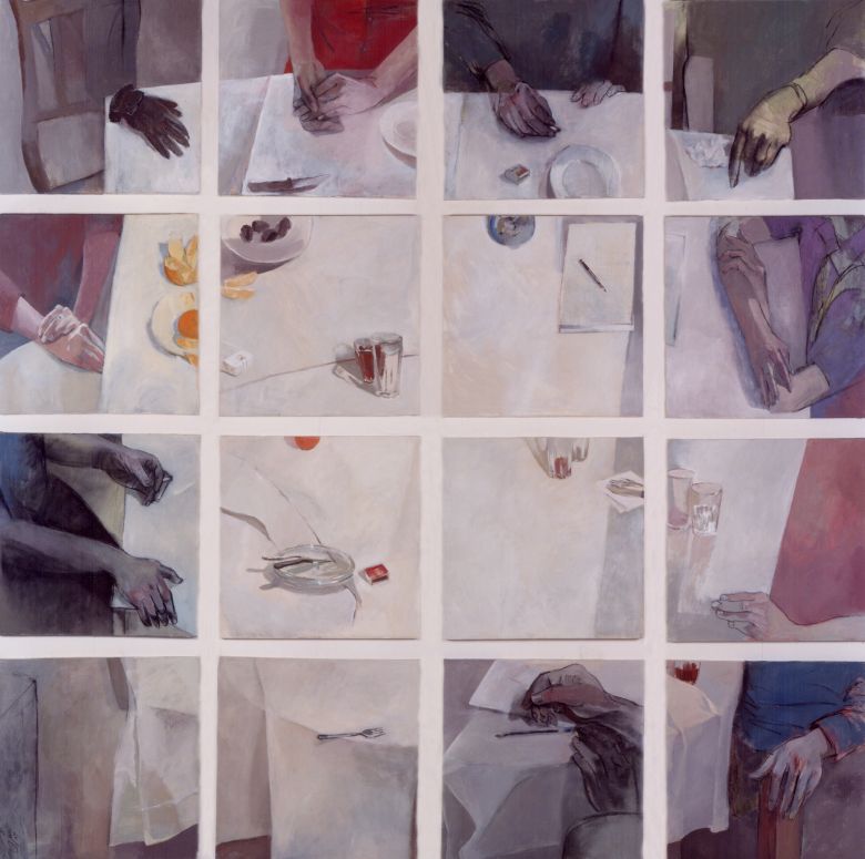 Masoumeh Mozaffari, Dialogue, 2005. Acrylic and Chalk Pastel on Canvas - Overall 200 × 200 cm (50 x 50 cm each panel). — © Courtesy of the Artist.