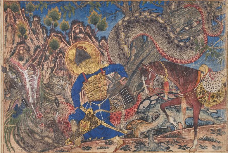 Bahram Gur killing a Dragon, from the Shahnameh, 1320–60. Iran, Tabriz, Ilkhanid period, 1256-1353. Opaque watercolor, ink, and gold on paper. Sheet: 45.8 x 34.4 cm, image: 19.5 x 29.5 cm. Cleveland Museum of Art.