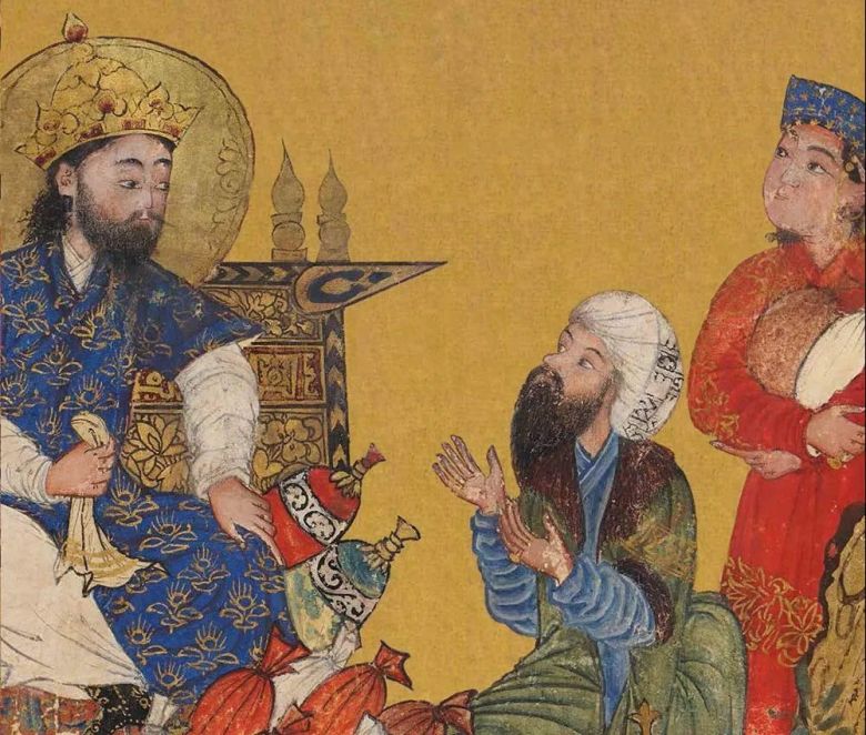 Anushirvan Bestowing Largess upon His Minister Buzurjmihr, from The Great Mongol Shahnama, Tabriz, 1330-1336 CE. 60 x 40 cm. National Museum of Asian Art, Smithsonian Institution, Freer Collection.