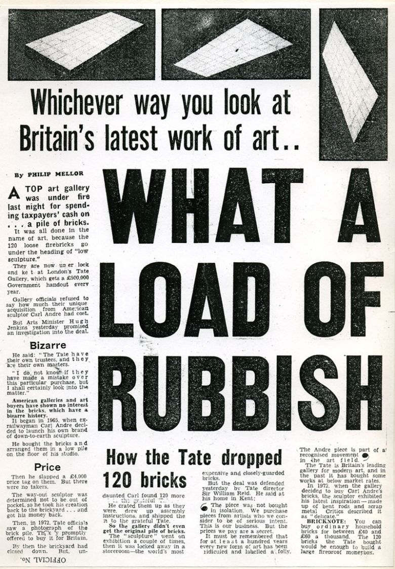 Daily Mirror reaction to Carl Andre’s Equivalent VIII, 1966, exhibited at Tate Gallery, London, 1976